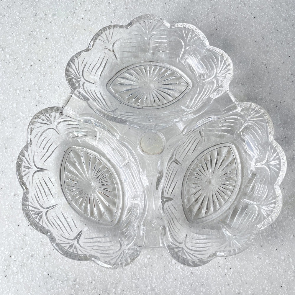Vintage Clear Pressed Glass 3 Section Divided Serving Dish Oyster Candy Bowl